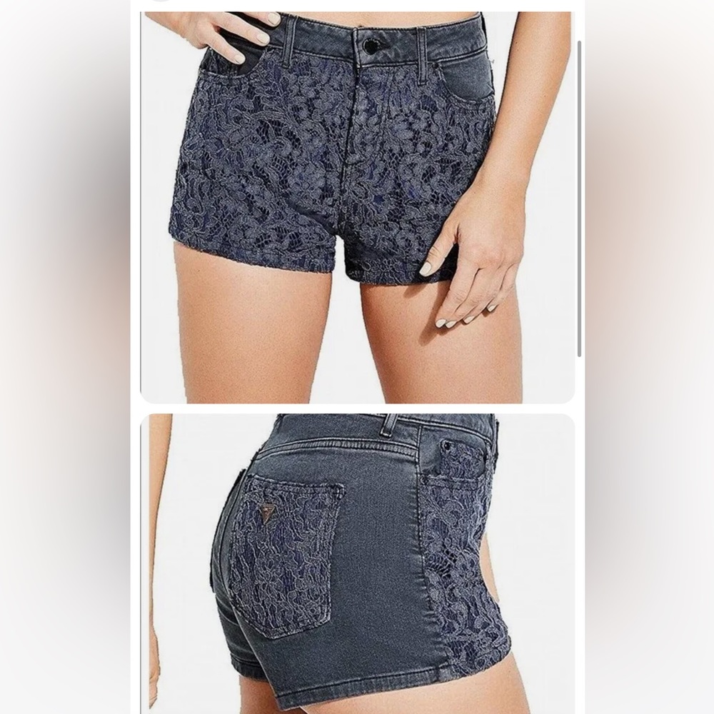 Guess Claudia Blue Lace Trim Gray Denim Jean Shorts Size 28 Waist